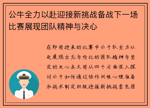 公牛全力以赴迎接新挑战备战下一场比赛展现团队精神与决心