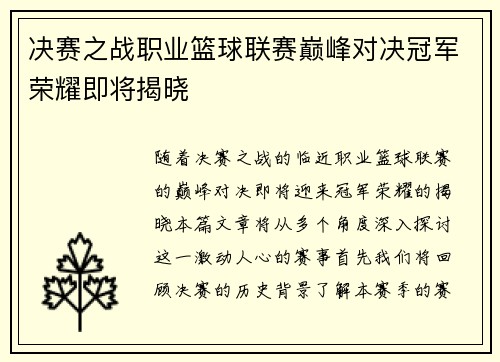 决赛之战职业篮球联赛巅峰对决冠军荣耀即将揭晓