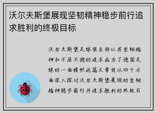 沃尔夫斯堡展现坚韧精神稳步前行追求胜利的终极目标