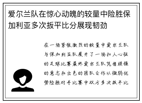 爱尔兰队在惊心动魄的较量中险胜保加利亚多次扳平比分展现韧劲