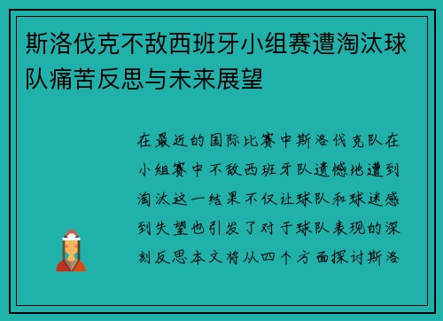 斯洛伐克不敌西班牙小组赛遭淘汰球队痛苦反思与未来展望