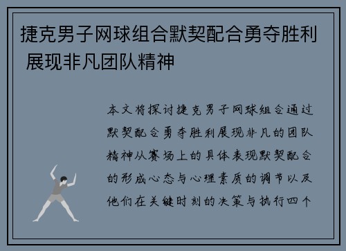 捷克男子网球组合默契配合勇夺胜利 展现非凡团队精神