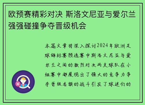 欧预赛精彩对决 斯洛文尼亚与爱尔兰强强碰撞争夺晋级机会