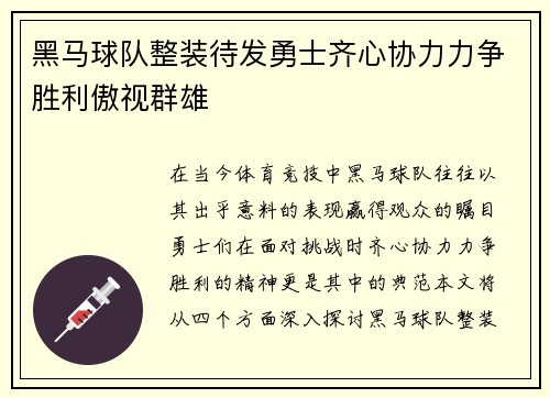 黑马球队整装待发勇士齐心协力力争胜利傲视群雄