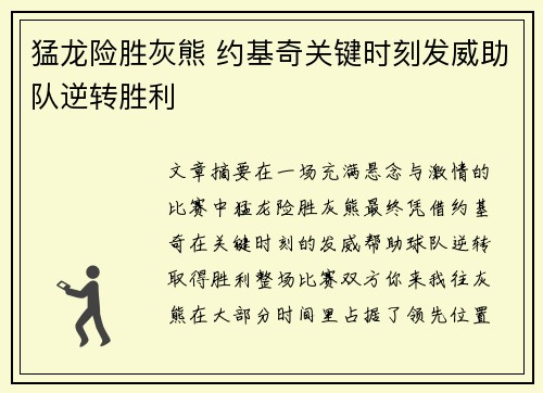 猛龙险胜灰熊 约基奇关键时刻发威助队逆转胜利