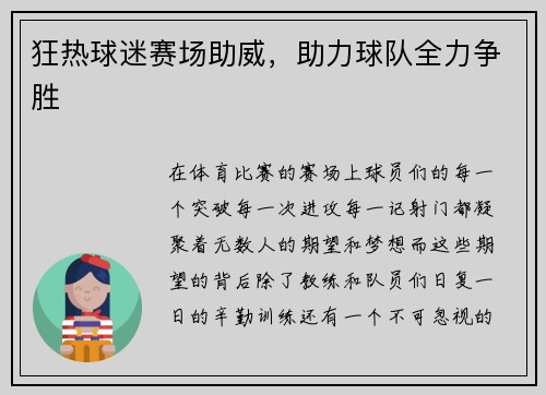 狂热球迷赛场助威，助力球队全力争胜