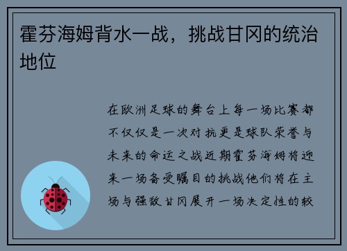 霍芬海姆背水一战，挑战甘冈的统治地位