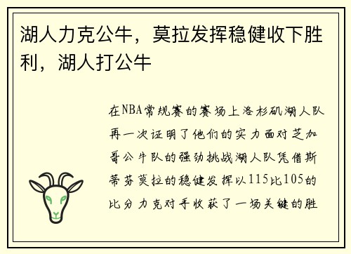 湖人力克公牛，莫拉发挥稳健收下胜利，湖人打公牛