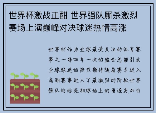 世界杯激战正酣 世界强队厮杀激烈 赛场上演巅峰对决球迷热情高涨