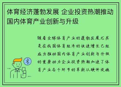 体育经济蓬勃发展 企业投资热潮推动国内体育产业创新与升级