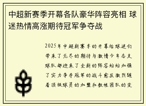 中超新赛季开幕各队豪华阵容亮相 球迷热情高涨期待冠军争夺战